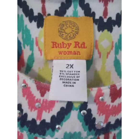 Ruby Rd 2X Top Silver Studded Neckline 3/4 sleeves Aztec Design Multi Colored - Picture 4 of 7